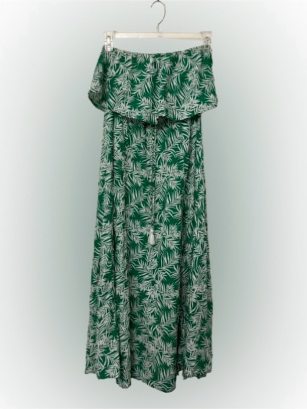 Japna White and Green Palm-Print Strapless Maxi Dress Sz M Tropical Resort